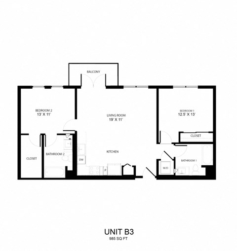 Floor plan for 2 beds, 2 baths, 985 sqft